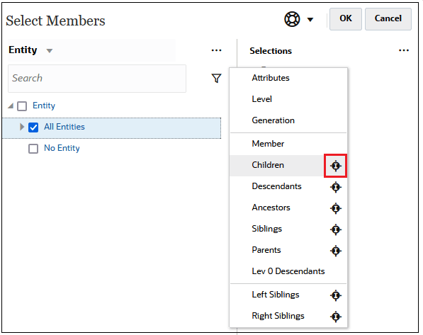 Select Members dialog box with All Entities and the Include icon next to Children selected