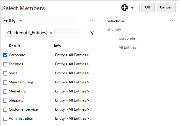 Select Member dialog box with the children of the All Entities displayed