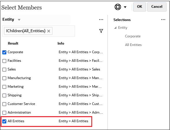 Select Member dialog box with the children of the All Entities and the All Entities member displayed
