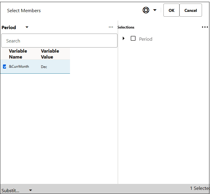 Select Members dialog box with the $CurrMonth substitution variable selected
