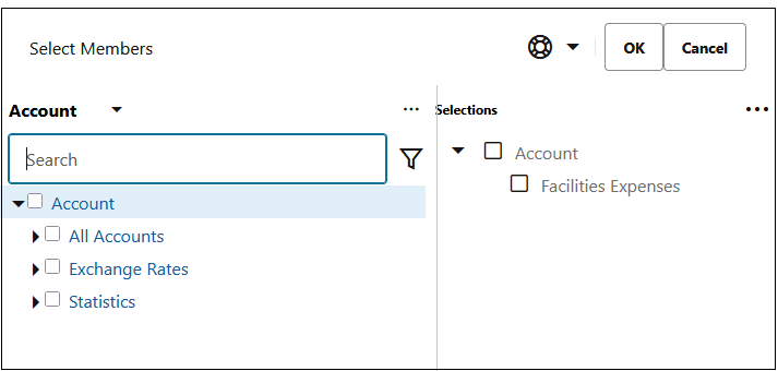 Select Members dialog box with Facilities Expenses selected for the Account Dimension Select Members dialog box with Facilities Expenses selected for the Account Dimension