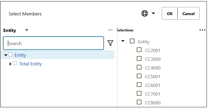 Select Members dialog box with 7 members selected for the Entity Dimension Select Members dialog box with 7 members selected for the Entity Dimension