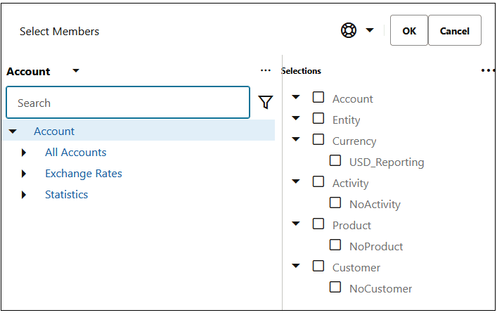 Select Member dialog box showing the members selected for a rule set context Select Member dialog box showing the members selected for a rule set context