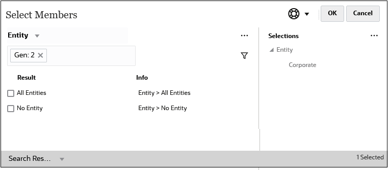 Select Members dialog box with the generation 2 members of Entity