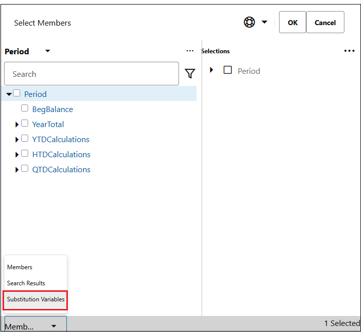 Member Selection with Substitution Variables selected in the Member drop-down