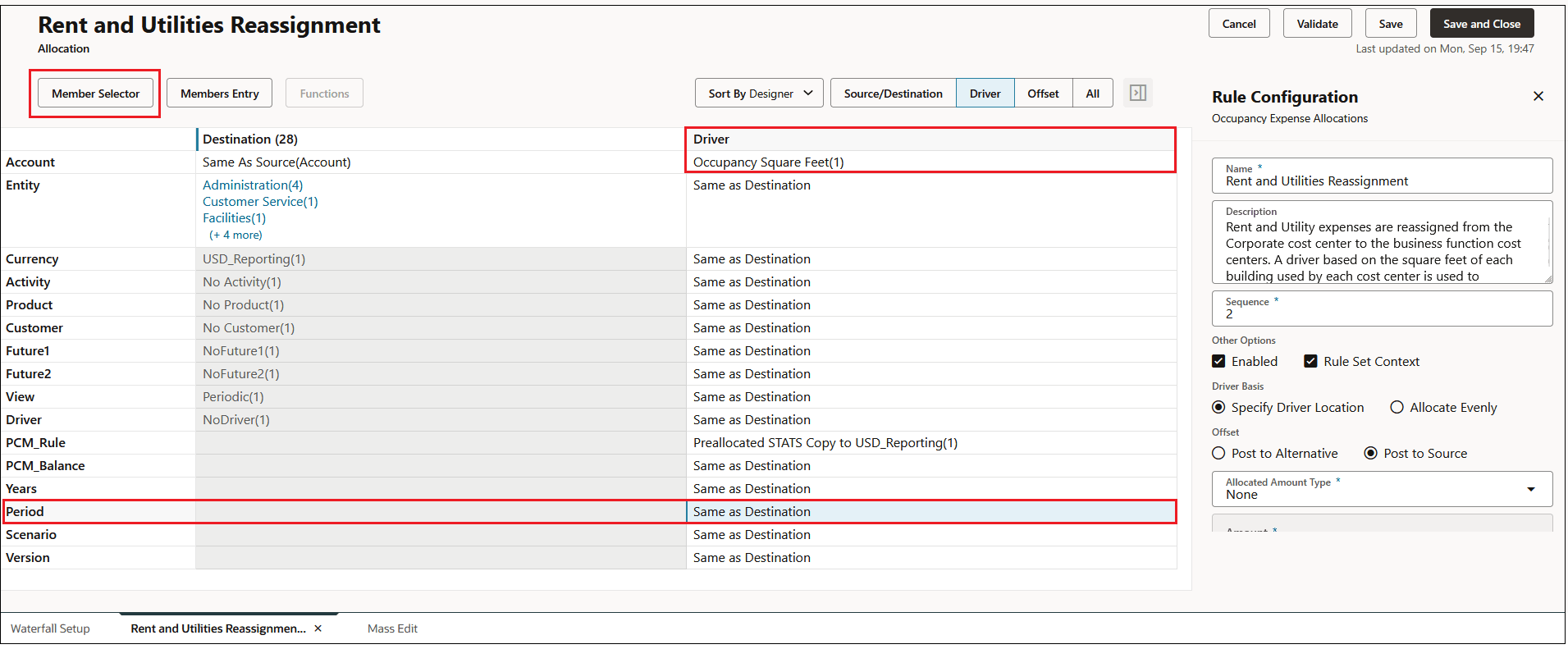 Driver tab showing Occupancy Square Feet as the driver and Same as Destination selected for the Period dimension