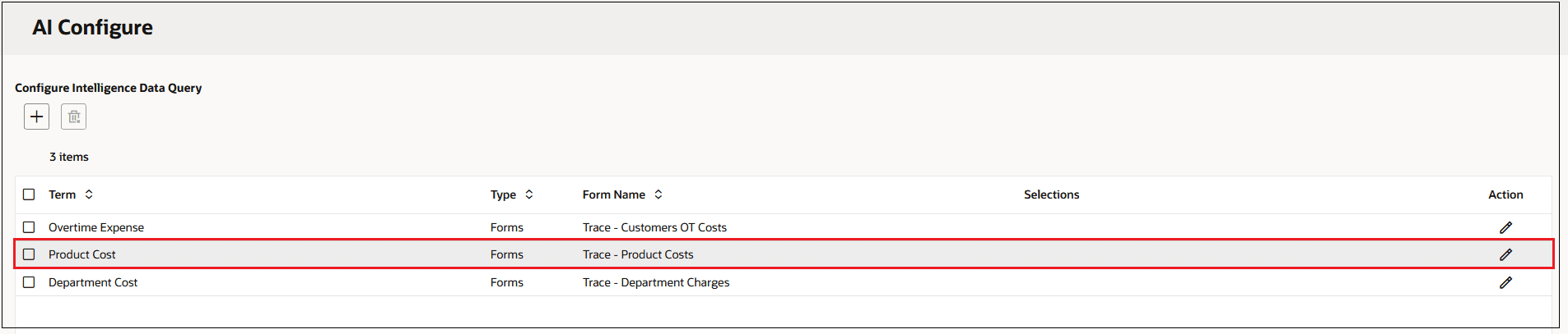 AI - Configure page showing a sample term associated with the Trace - Product Cost data form