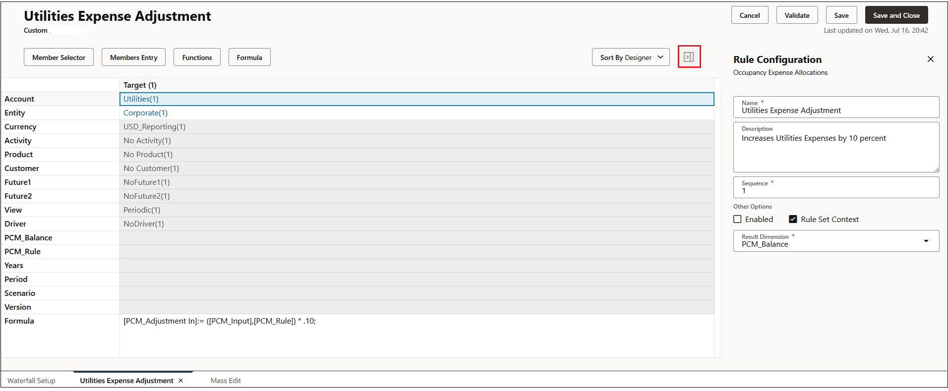 Utilites Expense Adjustment calculation rule with the Rule Configuraiton panel displayed