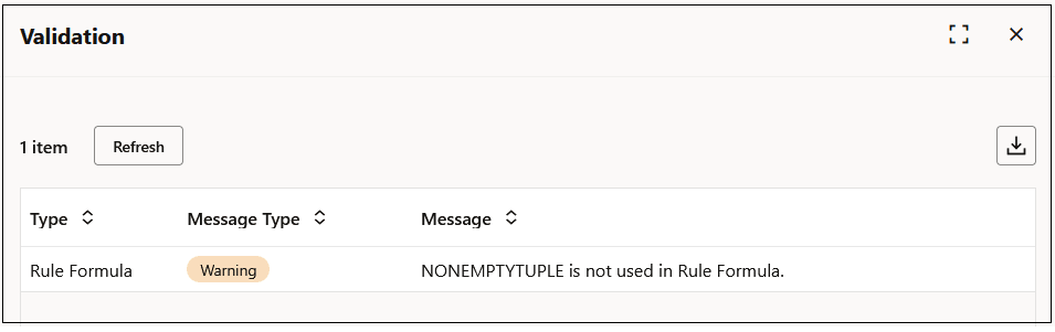 Validation dialog box showing one warning Validation dialog box showing one warning