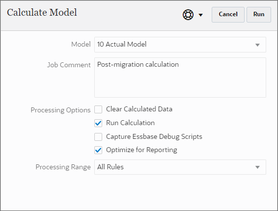 Run Calculation dialog box with the described options selected