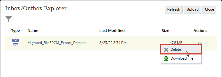 Migrated data file selected and Delete action highlighted
