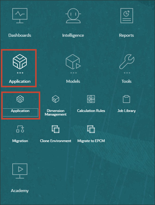 Home page with application cluster and application icon highlighted