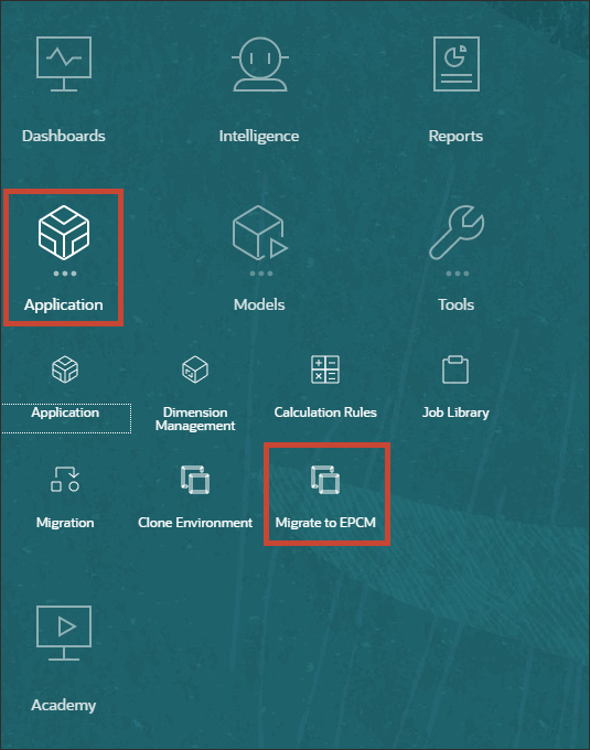 Home page with application cluster and Migrate to EPCM icon highlighted