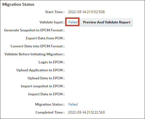 Migration status showing that validate input failed