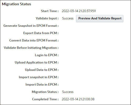 Migration status showing that Validate Input succeeded