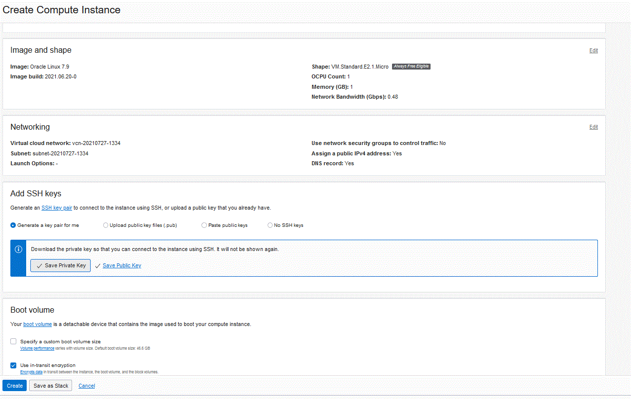 Image shows the Create Compute Instance page