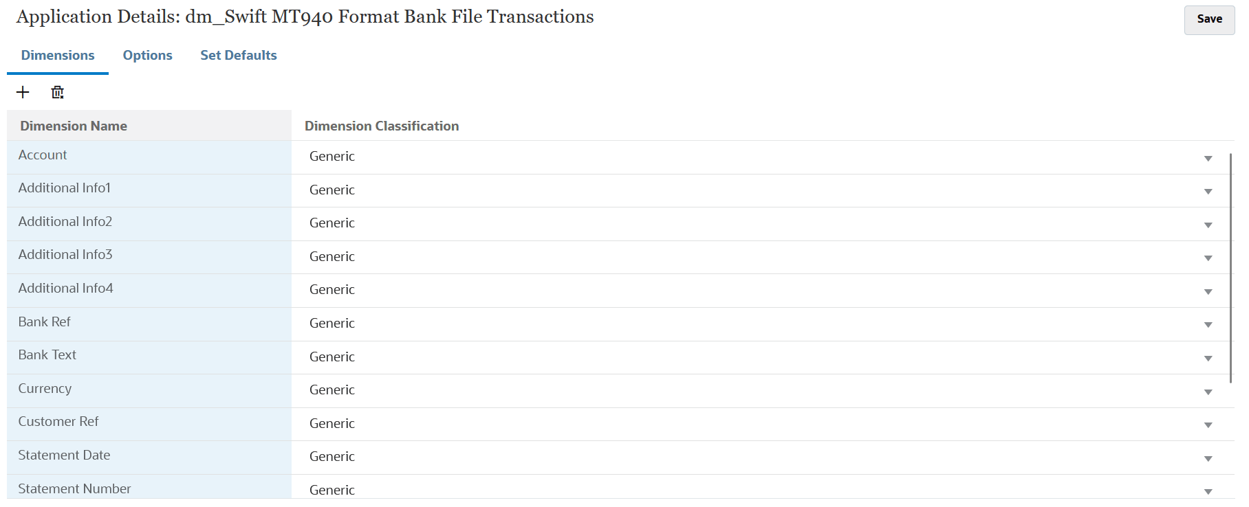 Image shows dimension details for a SWIFT MT940 bank file transactions.