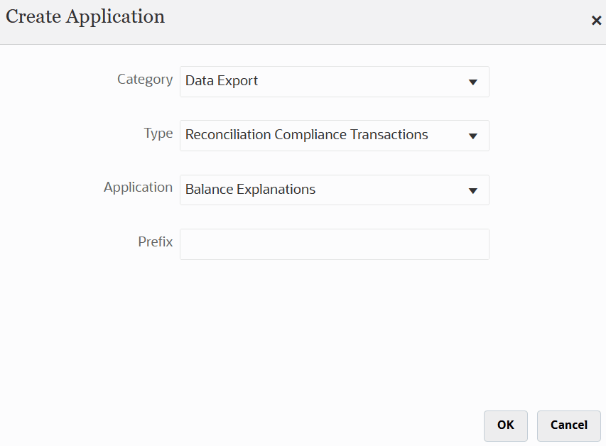 Image shows the Create Application page for a Reconciliation Compliance Transactions application.