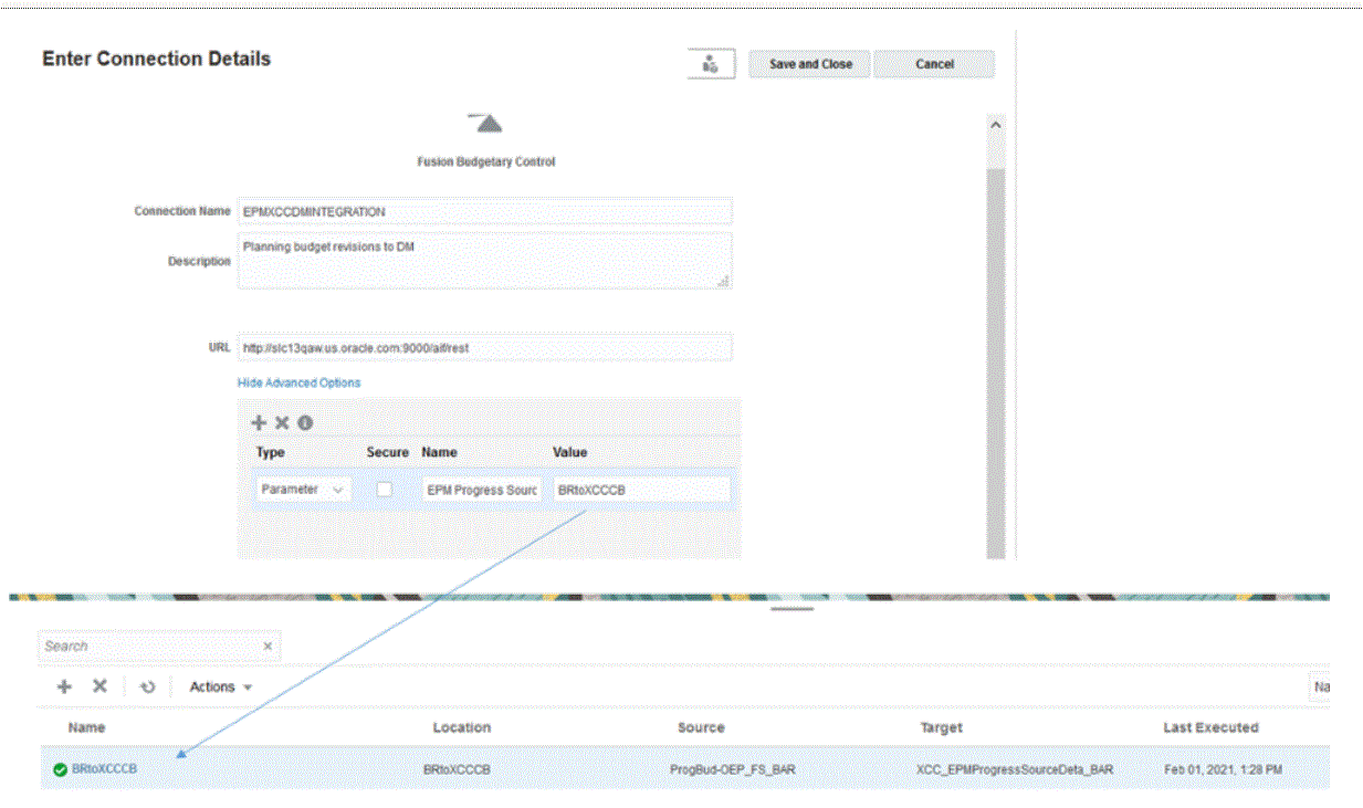 Image shows the EPM Planning Financials Connection Value mapped to the integration name in Data Integration. Image shows the EPM Planning Financials Connection Value mapped to the integration name in Data Integration.