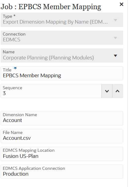 Image shows Export Dimension Mapping by Name (EDMC) job type sample parameters.