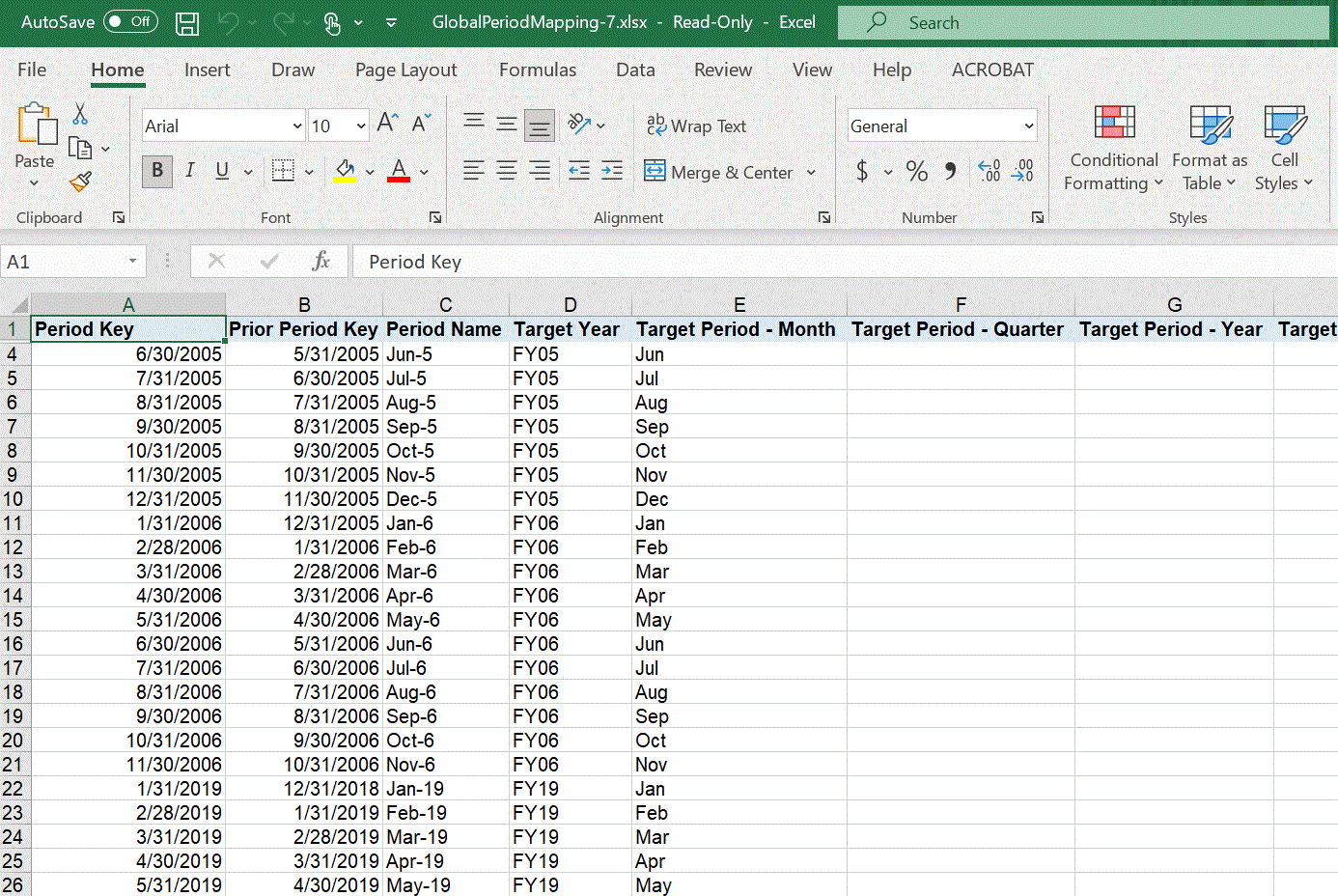 Image shows exported period mappings to an Excel worksheet.
