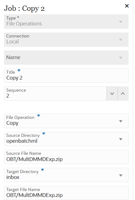 Image shows sample job type parameters for a Copy file operation.
