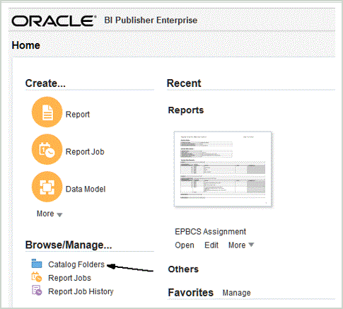 BI Publisher Enterprise Home screen
