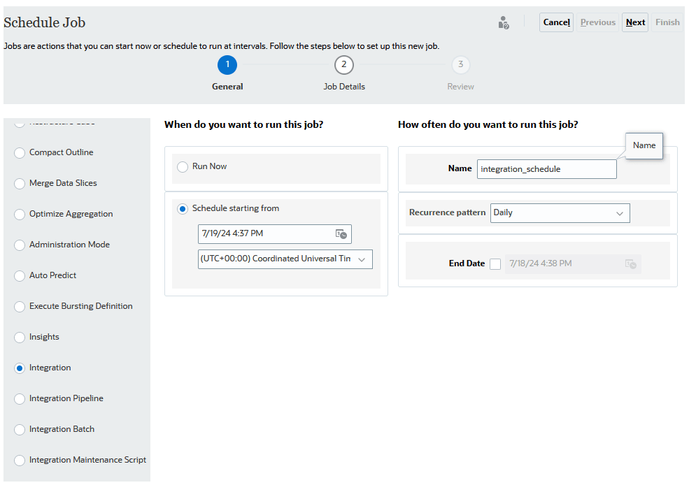 Image shows the Schedule Job page. Image shows the Schedule Job page.