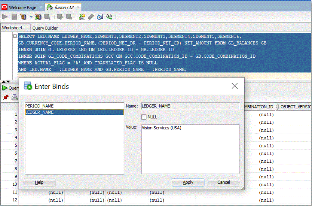 Image shows bind parameters.