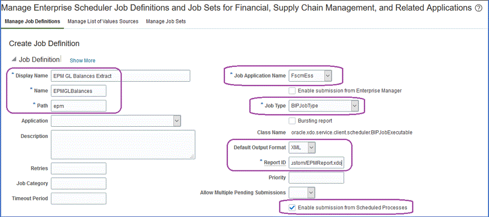 Image shows the Manage Enterprise Scheduler Job Definitions and Job Sets for Financial, Supply Chain Management, and Related Applications page Image shows the Manage Enterprise Scheduler Job Definitions and Job Sets for Financial, Supply Chain Management, and Related Applications page