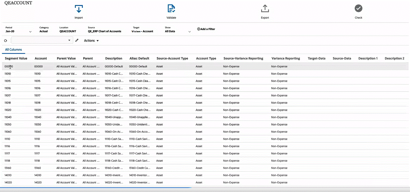 Image shows loaded Oracle General Ledger metadata in the Workspace