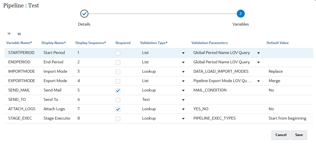 Image shows the Variables tab of the Create Pipeline page. Image shows the Variables tab of the Create Pipeline page.