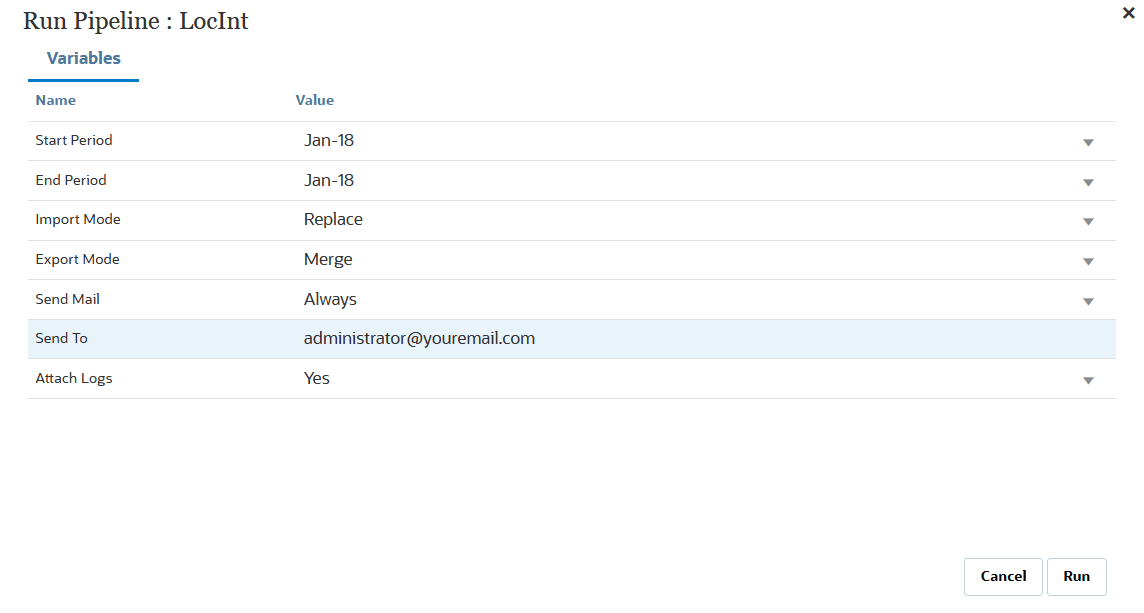 Image shows the Run Pipeline page. Image shows the Run Pipeline page.