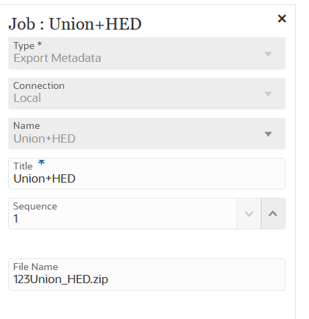 Image shows Export Metadata Job Type Parameters