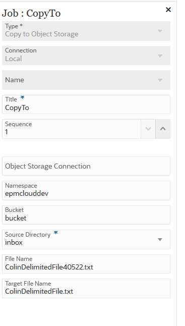 Image shows the Copy to Object Storage job type parameters. Image shows the Copy to Object Storage job type parameters.