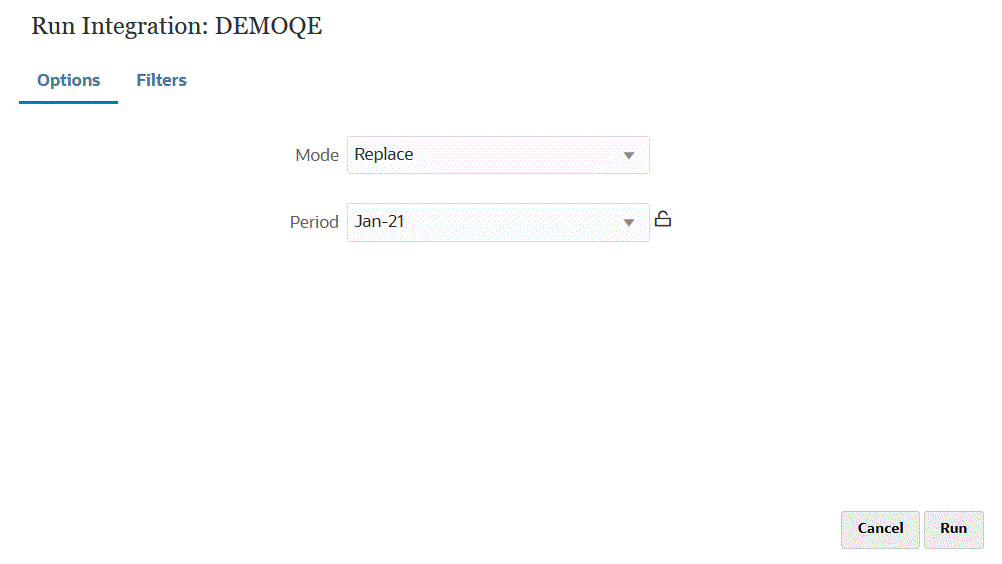 Image shows the Run Integration page.