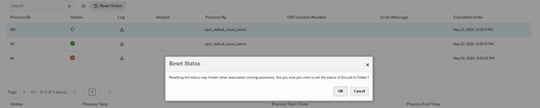 Image shows the Reset Status page. Image shows the Reset Status page.