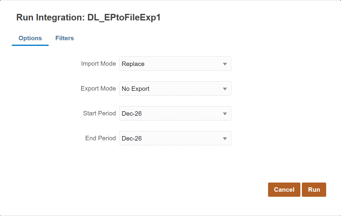 Image shows the Filters tab on the Run Integration page. Image shows the Filters tab on the Run Integration page.