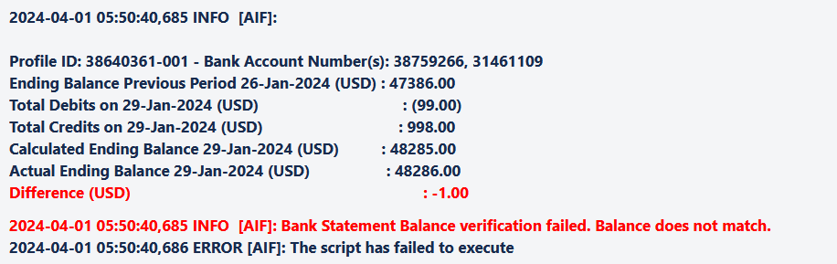 Image shows an calculated ending balance and the actual ending balance difference on the Info log.