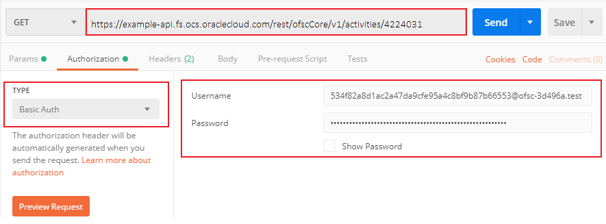 Postman example with basic authentication, user name, and password.