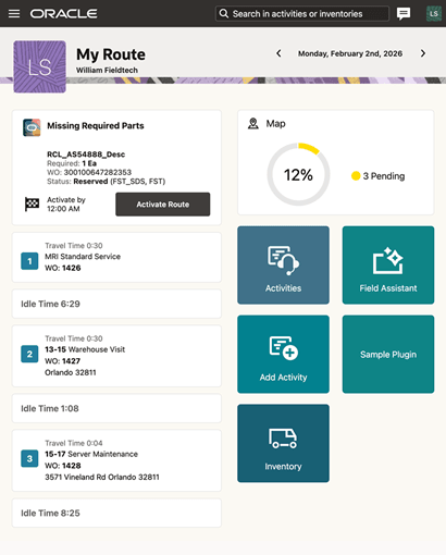 My Route page as landing page for mobile worker displaying the Missing Required Parts section.