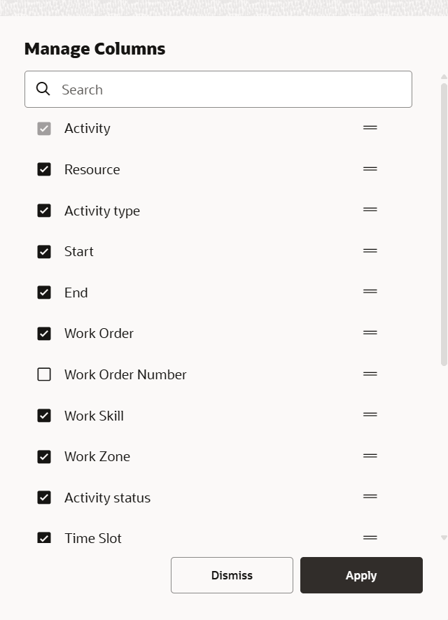 This screenshot shows the Manage Columns dialog box, where you can select the columns that you want to see on the List view.