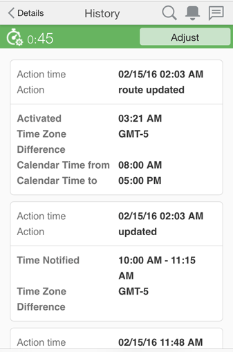 This image shows the activity history page on a mobile device. Information for each activity listed includes action time, action, when the route was activated, time zone, and Calendar from/to time.