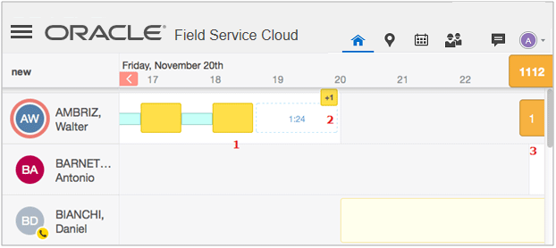 This figure shows the Manage screen with scheduled activities, represented by color-coded bars representing activities of different statuses; not-ordered activities, represented by a square with the number of those activities at the end of your working time, and non-scheduled activities, represented by a tab with the number of those activities at the right edge of the screen