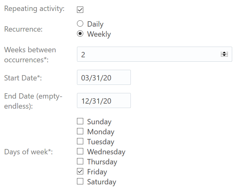 This screenshot shows the Repeating activity section on the Add activity page.