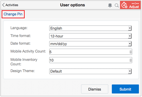 This figure shows the User options page, from which you can change Pin.