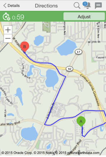 This figure shows a map with directions from the current activity to the next activity, represented by a green circle (start), a red circle (end) and a blue line (route).