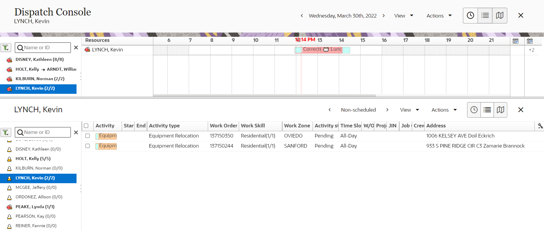 This screenshot shows the Dispatch Console split into two sections.