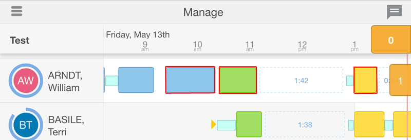 This figure shows the Manage (time-view) screen with ordered activities, represented as color-coded blue and green blocks on a resource’s route