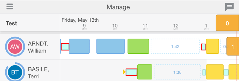 This figure shows the Manage (time-view) screen with travel time to activities, represented as light-blue color-coded blocks.